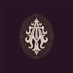 Victorian style monogram with initial AT or TA. Badge logo design. can be applied on stationery, invitations, signage, packaging, or even as a branding element and etc