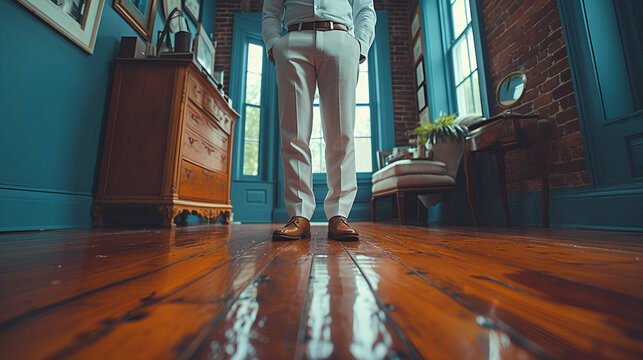 Man - pants and shoes only - wood floors - low angle shot - worm;s eye view shot 