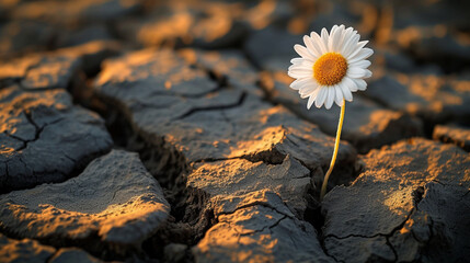 Flower has grown in arid cracked barren soil after the earthquake. Generative Ai