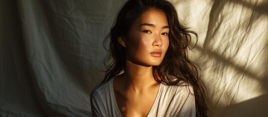 Naklejka premium A woman with jaw-length black hair and layered hair stands in front of a white cloth, her dark eyelashes adding to the artistic ambiance of the event.