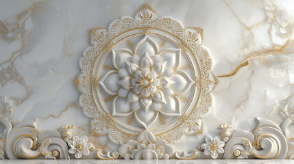 3D ceiling wall, white and gold marble background, elegant luxury home decorative, wedding background, mandala flower design