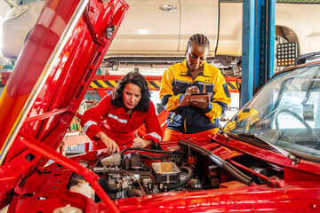Team of mechanic two woman holding tablet computer in uniform talking about future repairs while working in garage, technician discussion with teamwork, transportation concept, car repair shop