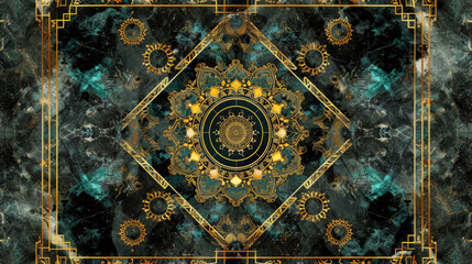 Luxury background 3D wallpaper, luxury ceiling design in teal green and golden color tone, 3D gold frame and marble background mandala design style.