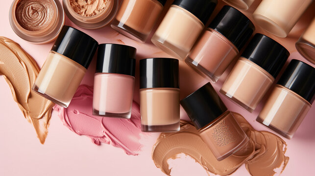Skincare base foundation makeup bottles on paster pink background.