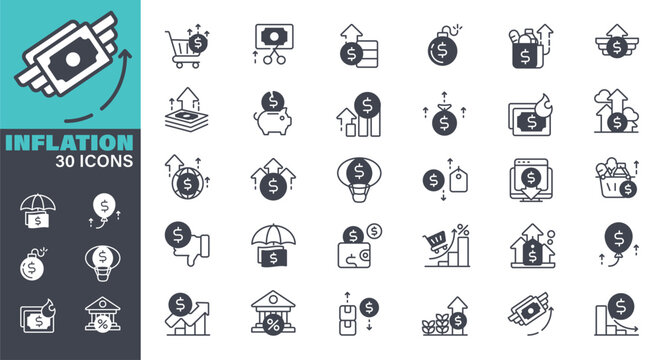 Inflation and economic crisis Icons set. Solid icon collection. Vector graphic elements, Icon Symbol, Expense, Price, Unemployment, Business, Finance, Bank, Money, Recession