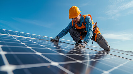 Professional worker installing solar panels on a roof, renewable energy and sustainability concept - obrazy, fototapety, plakaty