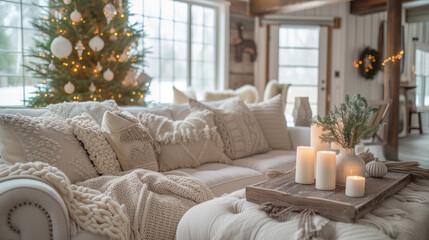 Christmas season living room decor, cozy with white candles. 