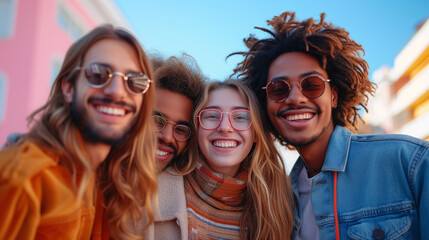Four friends having a laugh, standing in a group outside and laughing. Half are wearing sunglasses. 