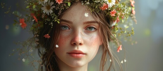 A woman with a flower crown, showcasing her eye and eyelashes, looks happy. The plant, tree, grass, and flowers around add to the fun at this fashion accessory event.