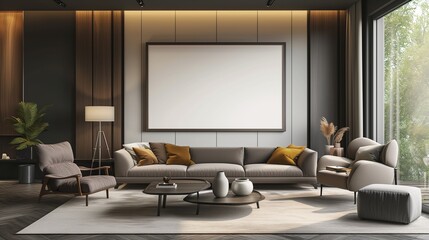 Within a modern living room adorned with contemporary decor, a sleek wall boasts a mockup frame, ready for personalized art or memories. 