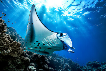 Manta ray swimming in the sea over coral reef, under water animal ocean life nature scenic - 731469423