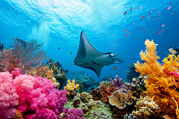 Manta ray swimming in the sea with small fish over colorful coral reef, under water animal ocean life nature scenic - 731469426