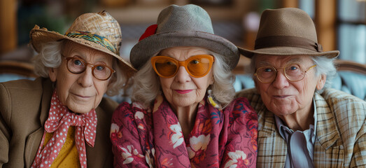 Three senior citizens dressed in vintage clothes. - obrazy, fototapety, plakaty