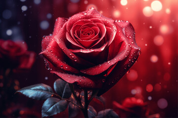 A dreamy red rose on a dark red and indigo background evokes romance and femininity with subtle lighting.