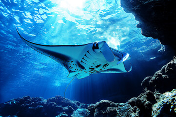Manta ray swimming in the sea over coral reef, under water animal ocean life nature scenic.Watching undersea world during adventure snorkeling tour. - 731469475