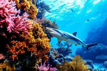 Shark swimming in the sea with small fish over colorful coral reef, under water animal ocean life nature scenic - 731469476