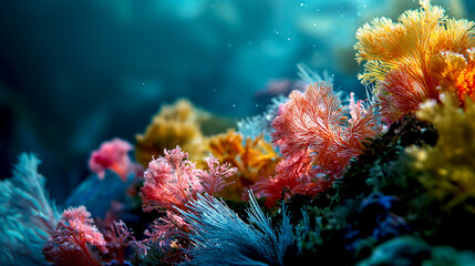 Colorful Coral reef flower sea living coral deep dark water of sea ocean environment. - 731469648