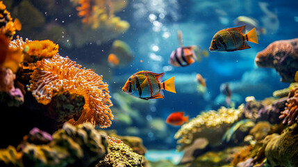 Tropical sea underwater colorful fishes and coral reef. Aquarium oceanarium wildlife colorful marine panorama landscape nature snorkel diving - 731469660