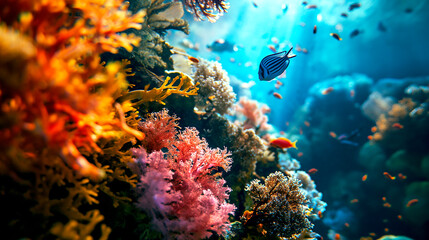Naklejka na ściany i meble Tropical sea underwater fishes with colorful coral reef. Aquarium oceanarium wildlife colorful marine panorama landscape nature snorkel diving