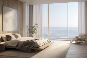 Wooden bed in contemporary room with large windows, featuring flowing fabrics and soft tonal transitions.