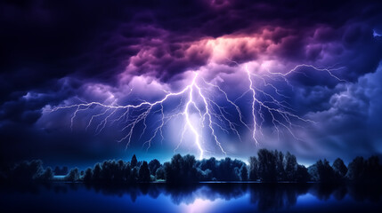 Dramatic lightning storm illuminating the night sky, casting an