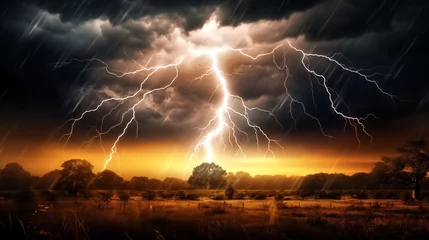 Fotobehang Dramatic lightning storm illuminating the night sky, casting an © pasakorn