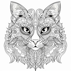Cat, coloring style, lines, black and white, ethnic style