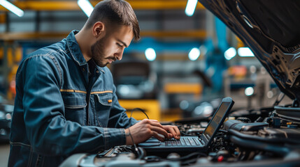 Mechanic trouble shooting car electrical issues using software and a laptop computer. Auto body repair shop.
