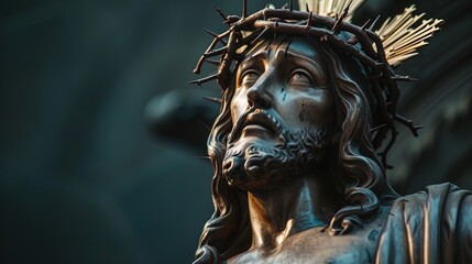 Experience Divine Power! Jesus Christ Statue with Crown of Thorns Against a Mysterious Dark...