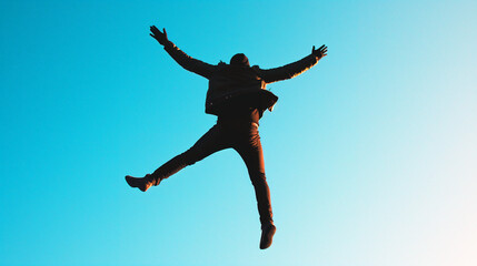 as free as a bird, freedom, person's silhouette is jumping high against a clear blue sky, feeling free and happy