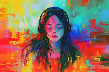 Naklejka premium girl with headphones in a colorful vivid background. An illustration of auditory hallucinations. Mental health concept --no text,no numbers