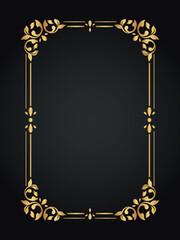 Decorative gold frame. Retro ornamental frame, vintage rectangle ornament, and ornate border. Decorative wedding frame, antique museum image border. Isolated vector icon