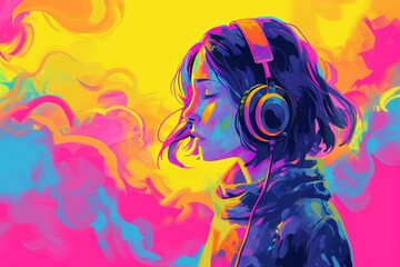 girl with headphones in a colorful vivid background. An illustration of auditory hallucinations. Mental health concept --no text,no numbers - obrazy, fototapety, plakaty