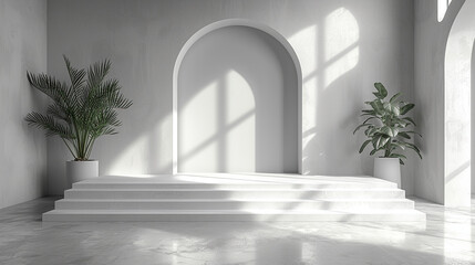 Modern room with white walls, plants and stairs. Created with Ai - obrazy, fototapety, plakaty