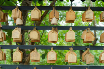 Wooden name tags tied together in rows For writing names to ask for blessings from the gods