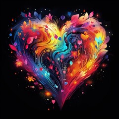 A vibrant digital artwork of a heart made from colorful abstract floral elements against a dark background - obrazy, fototapety, plakaty