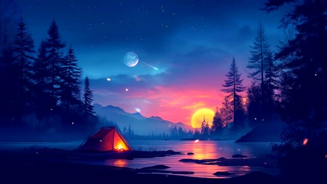 Beautiful scenery at camping with tent and campfires. Seamless looping 4k time-lapse virtual video animation background 