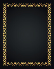 Decorative gold frame. Retro ornamental frame, vintage rectangle ornament, and ornate border. Decorative wedding frame, antique museum image border. Isolated vector icon