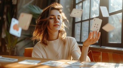 A young woman sits at a table and tells fortunes with cards, the tarot levitates around her, fortune telling. Witchcraft and magic in the modern world - obrazy, fototapety, plakaty