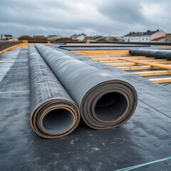 Close-Up of Waterproof Roofing Material Rolls on New Construction Site, Industrial Roof Membrane Installation, Durable Roofing Solutions for Commercial Buildings, Construction Materials in Detail