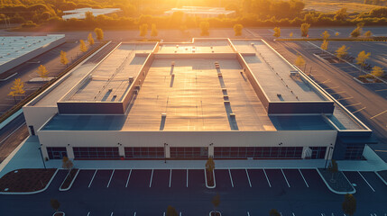 Obraz premium Sunset Over Commercial Building, Aerial View of New Construction with Flat Roof, Empty Parking Lot in Evening Light, Modern Business Park Architecture, Real Estate Development at Dusk