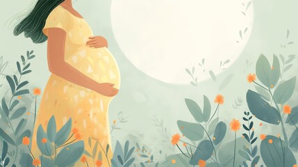 Illustration of a pregnant woman who strokes her pregnant belly with love, tenderness, and care with flowers. Happy pregnancy, expecting a baby, childbirth and a new life - obrazy, fototapety, plakaty