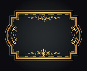 Decorative gold frame. Retro ornamental frame, vintage rectangle ornament, and ornate border. Decorative wedding frame, antique museum image border. Isolated vector icon