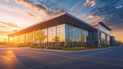 Fototapeta na wymiar Modern Commercial Building Basking in Golden Sunset, Architectural Beauty of Corporate Design, New Office Building Exterior with Reflective Glass and Spacious Parking, Business Real Estate Development