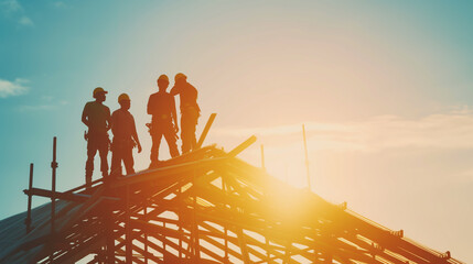 Silhouette of Construction Workers on Roof at Sunset, Teamwork in Building Commercial Structure, Roofers Working Together Against Sky, Construction Industry Professionals on Job