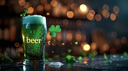 A glass of traditional Irish green beer for St. Patrick's Day stands on the table with text 