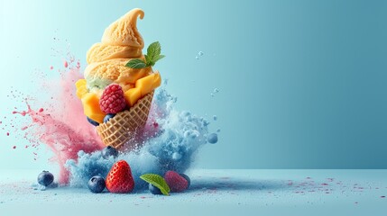 Delicious sweet mango ice cream with strawberry and mango and pieces of fruit and bluberries in a crispy waffle cone on light blue background