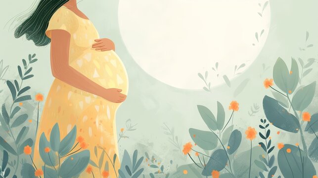 Illustration of a pregnant woman who strokes her pregnant belly with love, tenderness, and care with flowers. Happy pregnancy, expecting a baby, childbirth and a new life