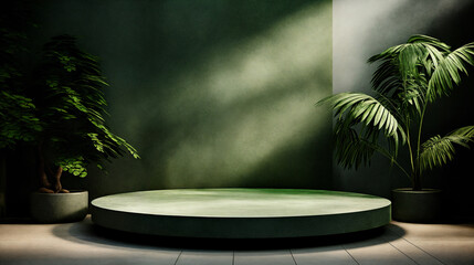 3d render of podium or pedestal on green background with palm leaves. AI Generative
