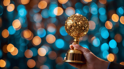 Hand holding a golden globe, awarded in recognition of great success. Composed with copy space.